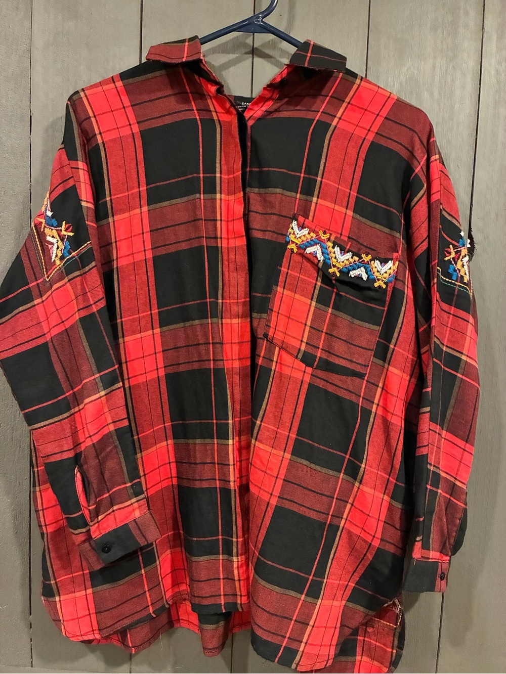 Zara Red and Black Plaid Button-Down Shirt with Embroidery boho